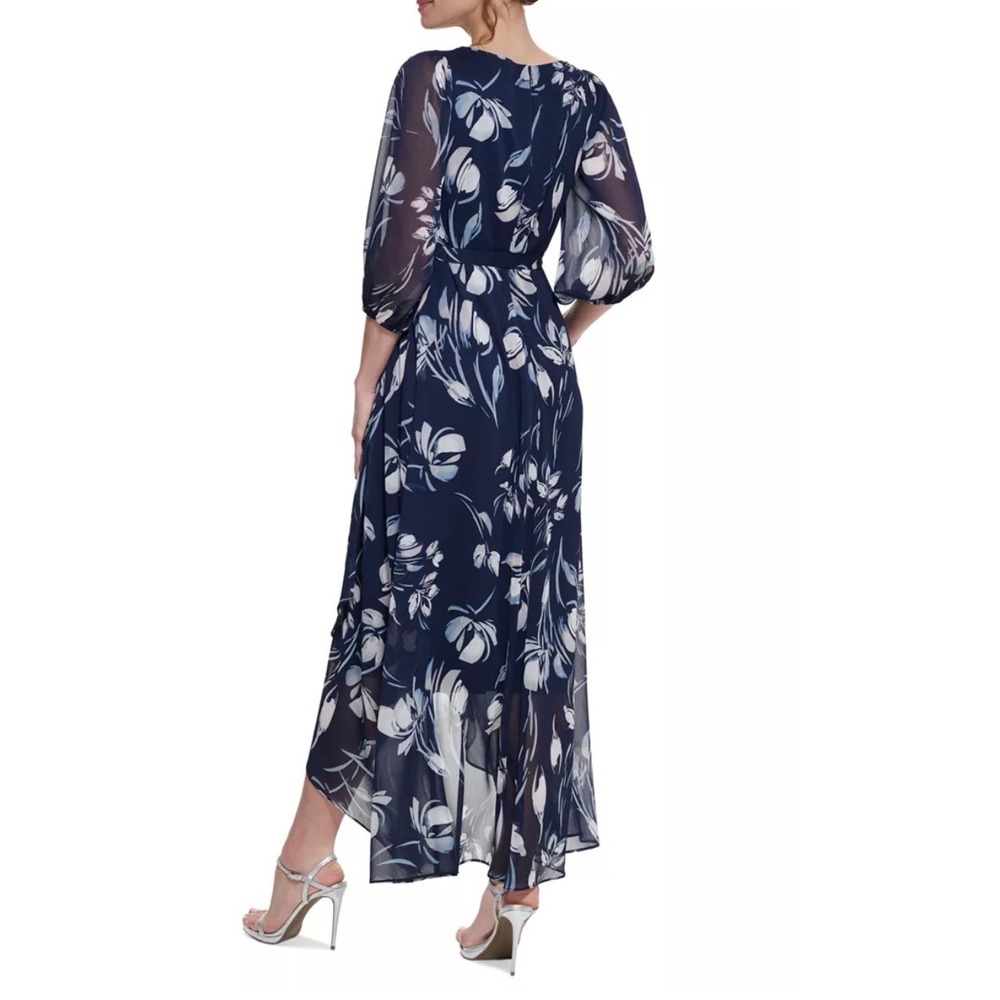 DKNY Navy Floral Wrap Maxi Dress Sheer Sleeve Tie Waist Size 2 NWT - Picture 2 of 13